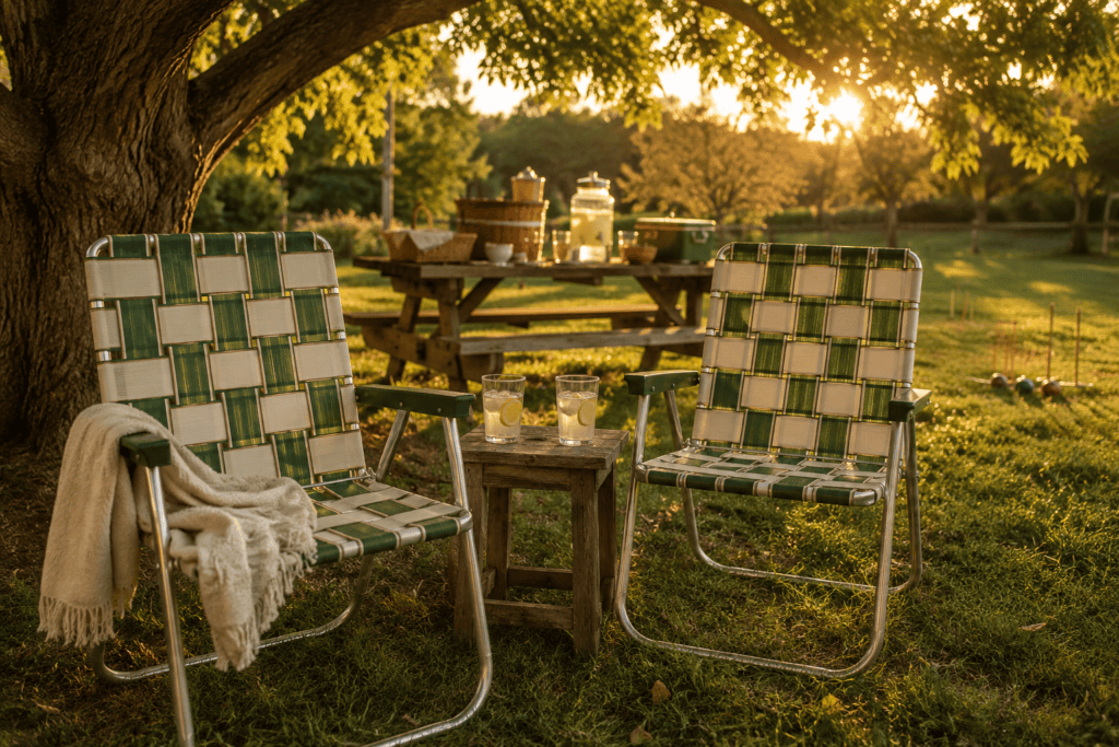 Two vintage-inspired green and cream webbed lawn chairs beneath a mature tree with lemonade and a backyard picnic in the golden-hour background.