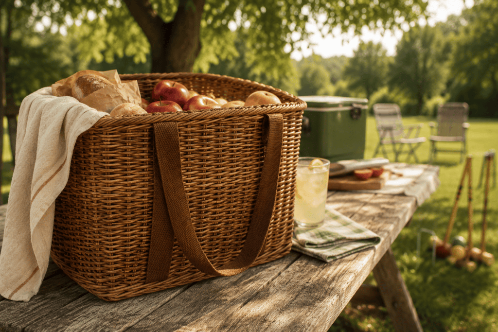 Vintage-inspired wicker market basket filled with apples, peaches, bread and linen on a weathered picnic table at a summer backyard gathering.
