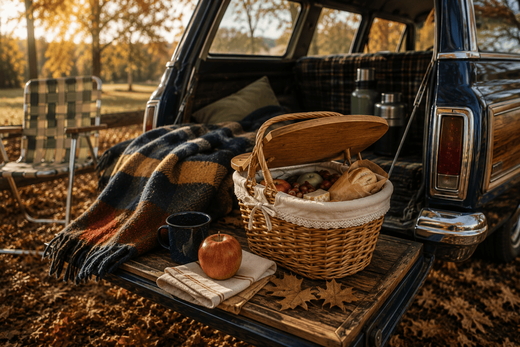 Traditional wicker picnic basket with a cream fabric liner filled with bread, apples, grapes, and cheese on the tailgate of a vintage blue station wagon during an autumn picnic.
