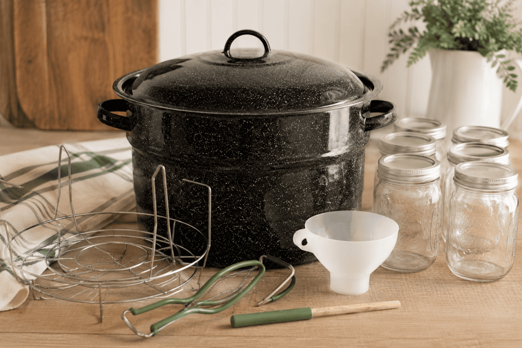 Water bath canner with canning rack, jar lifter, funnel, Mason jars, and canning tools arranged on a farmhouse kitchen counter.