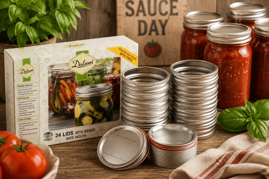 Wide-mouth canning lids and rings beside jars of homemade tomato sauce, fresh tomatoes, and basil for Sauce Day.
