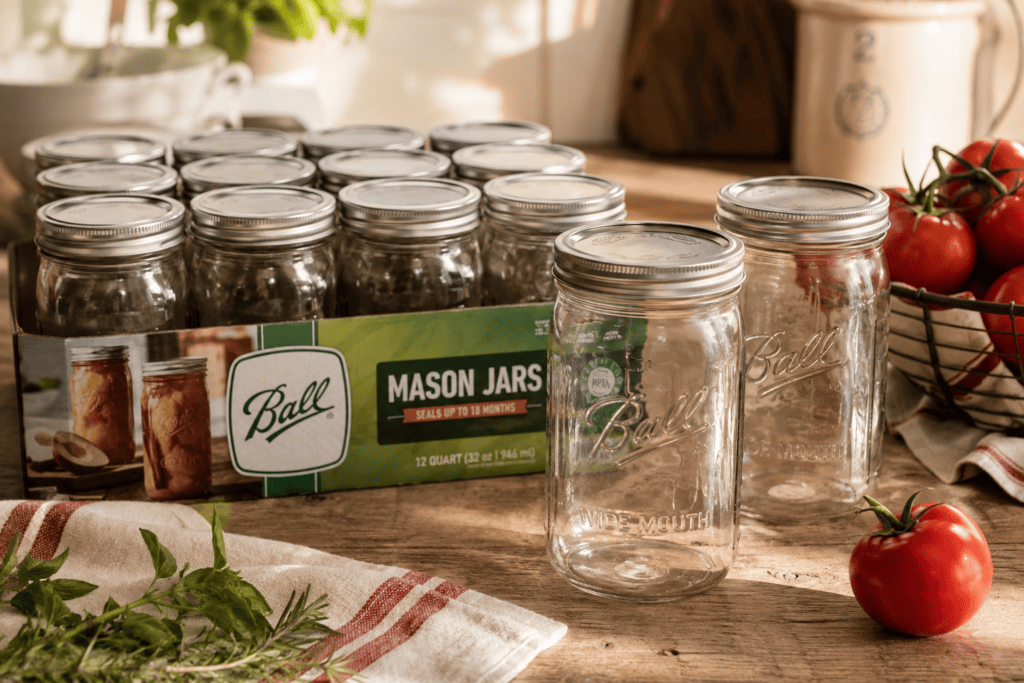 Wide mouth quart Mason jars with lids arranged beside fresh tomatoes and herbs in a warm farmhouse kitchen for Sauce Day canning.