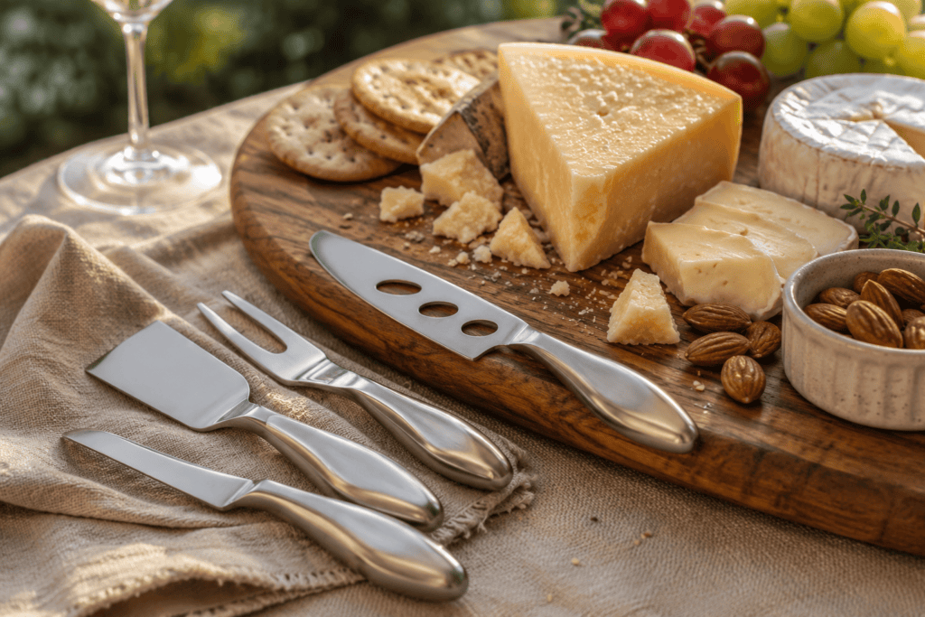 Stainless steel cheese knives and serving tools beside artisan cheeses, crackers and grapes on a wooden charcuterie board