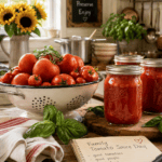 Fresh garden tomatoes, basil and jars of homemade tomato sauce arranged in a warm country kitchen for Family Tomato Sauce Day.