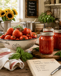Fresh garden tomatoes, basil and jars of homemade tomato sauce arranged in a warm country kitchen for Family Tomato Sauce Day.