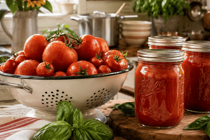 Fresh garden tomatoes, basil and jars of homemade tomato sauce arranged in a warm country kitchen for Family Tomato Sauce Day.