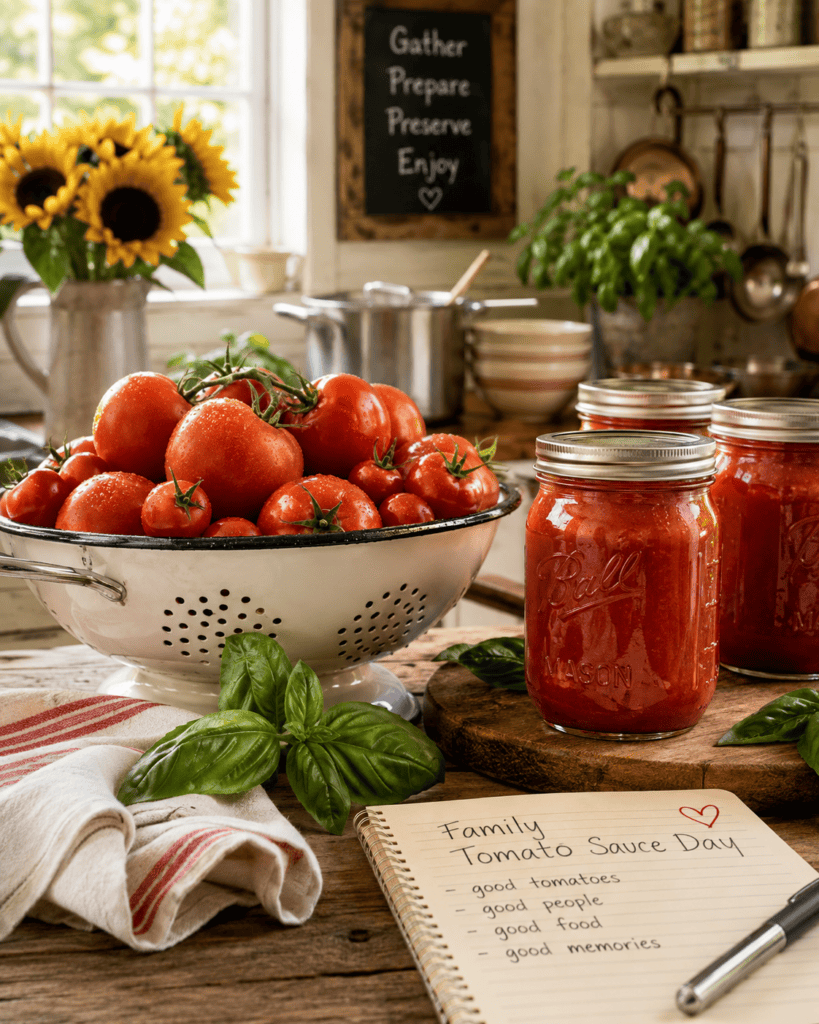 Fresh garden tomatoes, basil and jars of homemade tomato sauce arranged in a warm country kitchen for Family Tomato Sauce Day.