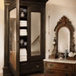 Antique dark-wood wardrobe displayed beside its matching marble-top dresser and ornate mirror.