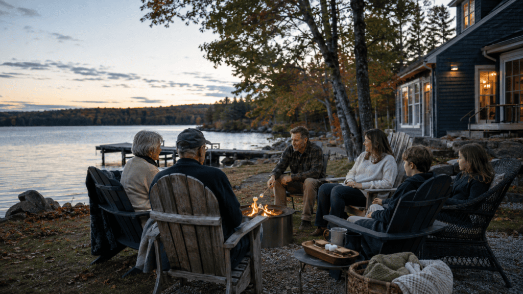 Six family members gathered around a small fire pit beside a lake house on an autumn evening.