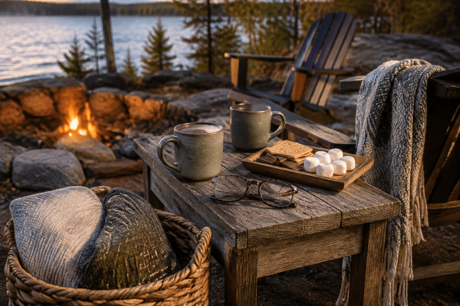Mugs, s’mores ingredients, reading glasses and warm blankets arranged beside a lakeside fire pit.