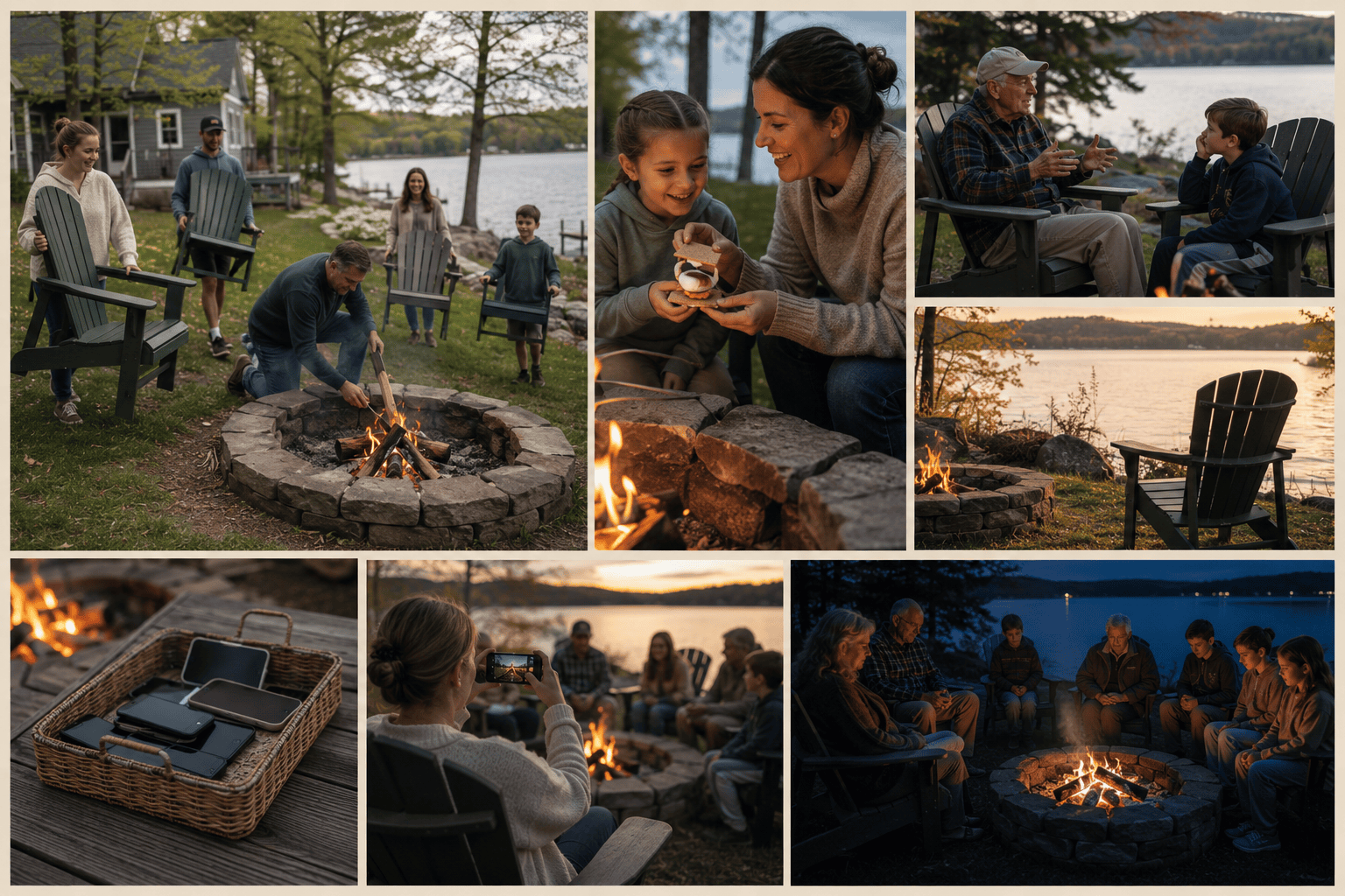 Seven-photo collage showing family fire-pit traditions, including s’mores, storytelling, an open chair, phones put away, taking a photograph and sharing gratitude.