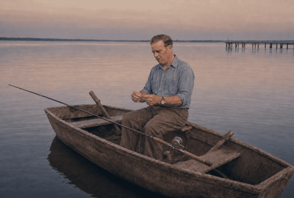 Granddaddy preparing an old fishing rod and reel while sitting in a weathered rowboat on calm water at dusk.