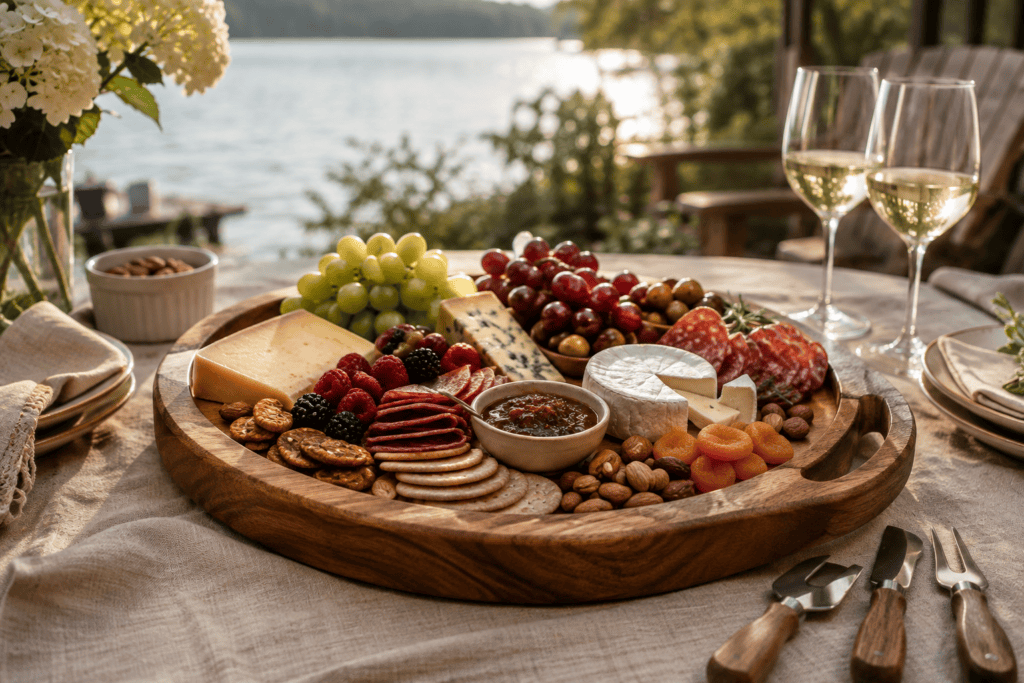 Round acacia charcuterie board with cheese, fruit, crackers and serving accessories at a lakeside gathering