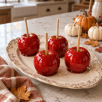 Four glossy red candied apples arranged on a vintage cream platter in a warmly decorated fall kitchen.
