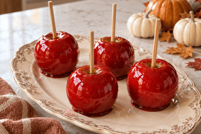 Four glossy red candied apples arranged on a vintage cream platter in a warmly decorated fall kitchen.