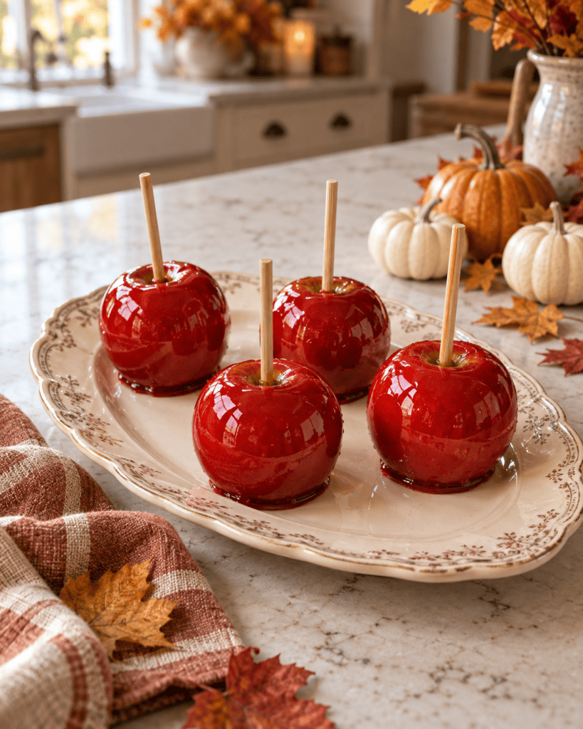 Four glossy red candied apples arranged on a vintage cream platter in a warmly decorated fall kitchen.