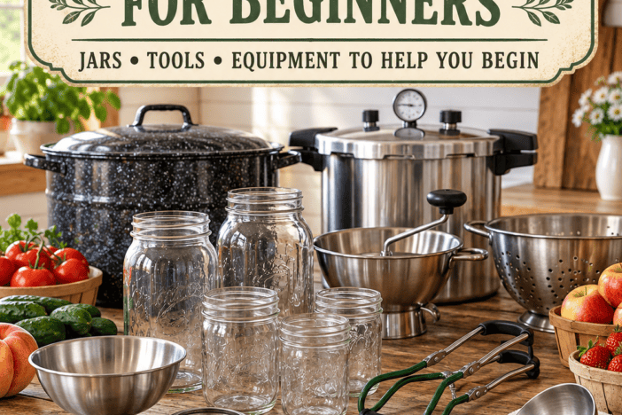 a photo of a group of supplies needed for the beginning canner