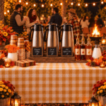 Outdoor fall beverage station with three labeled carafes for regular coffee, decaf, and hot apple cider, plus plaid cups and flavored syrups. Guests gather near a bonfire in the background.