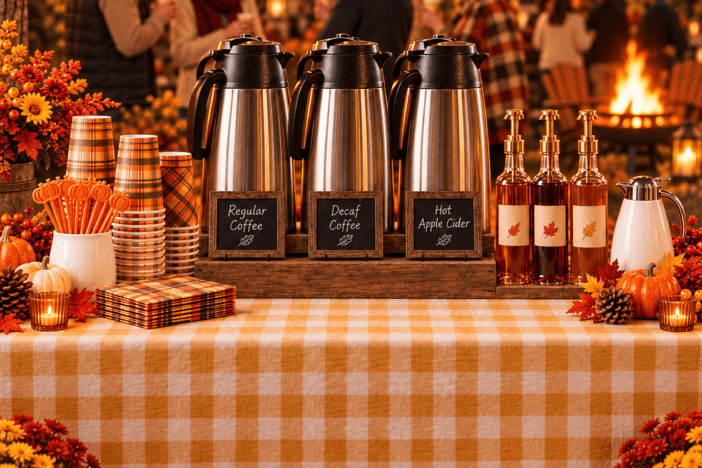 Outdoor fall beverage station with three labeled carafes for regular coffee, decaf, and hot apple cider, plus plaid cups and flavored syrups. Guests gather near a bonfire in the background.