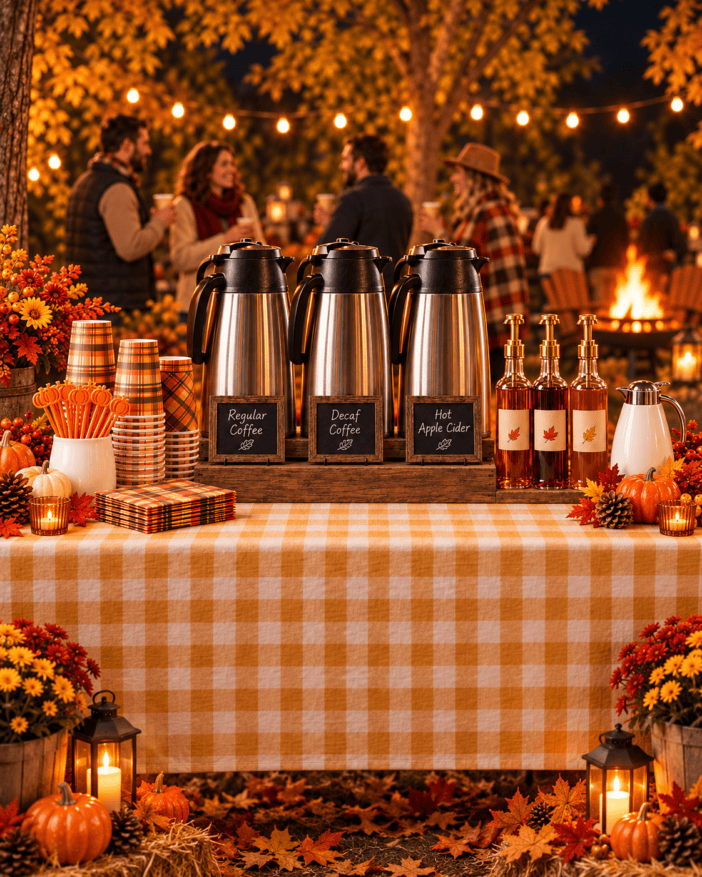 Outdoor fall beverage station with three labeled carafes for regular coffee, decaf, and hot apple cider, plus plaid cups and flavored syrups. Guests gather near a bonfire in the background.