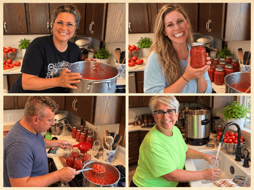 Four-photo collage of Sherri holding the sauce pot, Ally holding a finished jar, Josh filling jars, and Lorraine washing a canning jar.

Description: Sherri, her daughter Ally, s