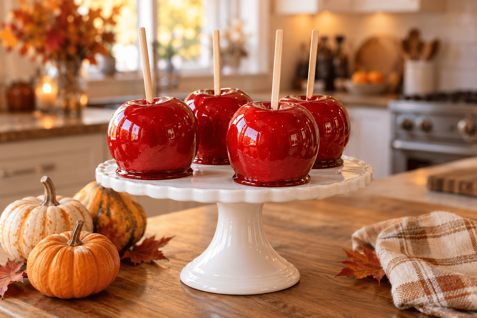 Four glossy red candied apples on a tall white cake stand in a warmly decorated fall kitchen.