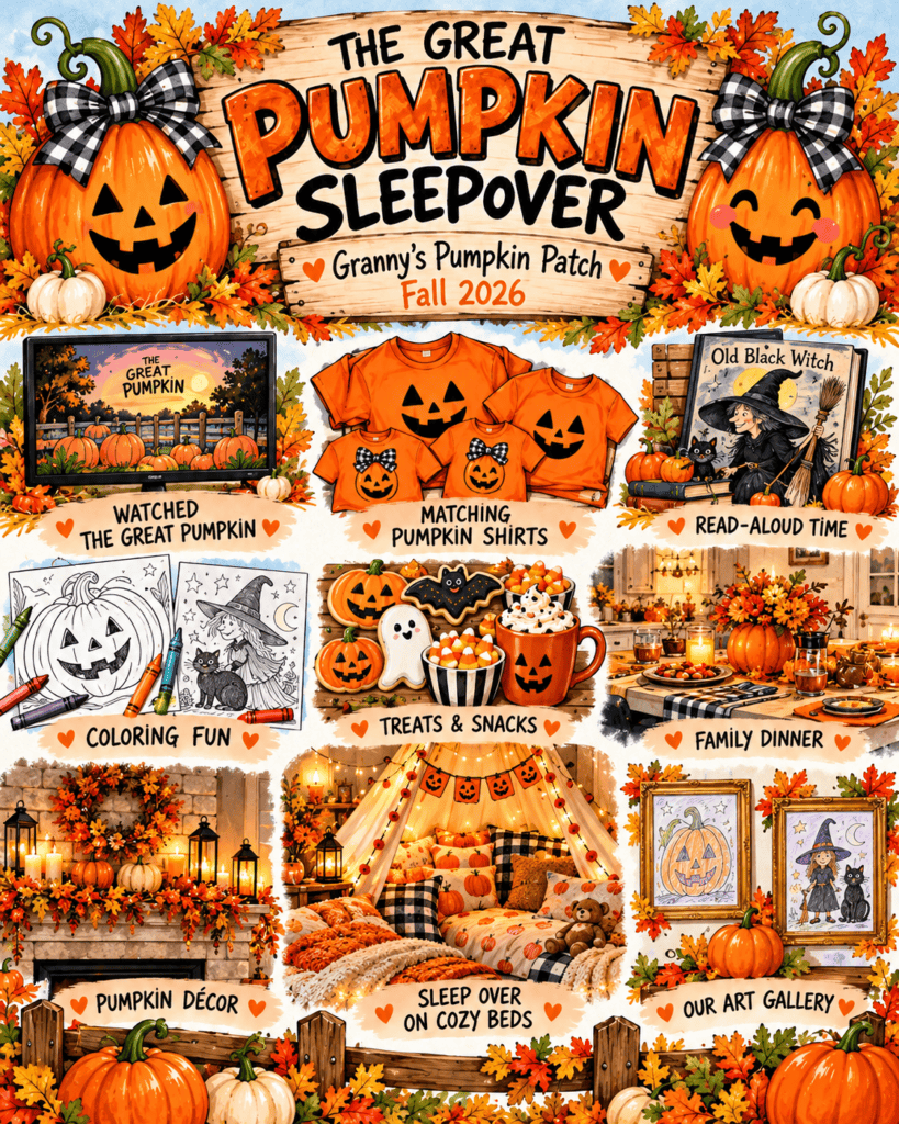 Halloween sleepover ideas for grandkids featuring Granny’s Great Pumpkin Sleepover with festive pumpkin decorations and cozy fall family fun.