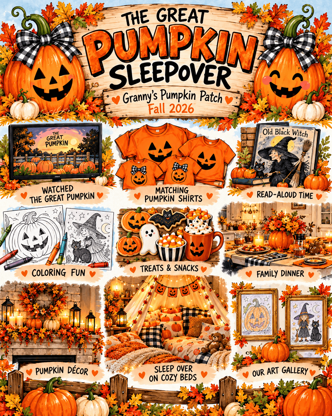 Halloween sleepover ideas for grandkids featuring Granny’s Great Pumpkin Sleepover with festive pumpkin decorations and cozy fall family fun.